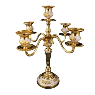 Elegantan europski kandelabr s 5 krakova - vintage držač svijeća od cinkove legure za romantični ugođaj Bijelo+Zlatno