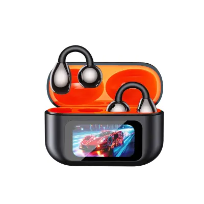 Full Color Smart Screen Clip-on Bluetooth Earbuds - Long Battery, Low Latency Crna+Narančasta