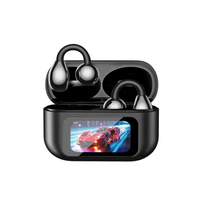 Full Color Smart Screen Clip-on Bluetooth Earbuds - Long Battery, Low Latency Crna