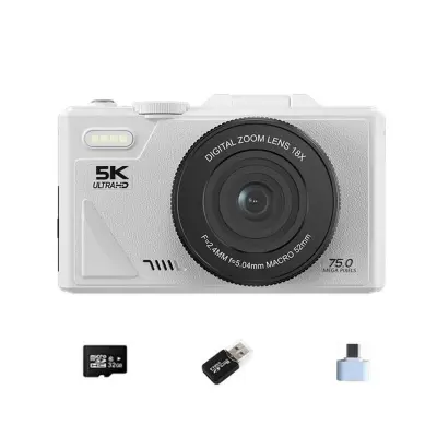 75MP 5K Ultra HD digitalni fotoaparat s karticom od 128 GB, Type-C adapterom i čitačem Bijela