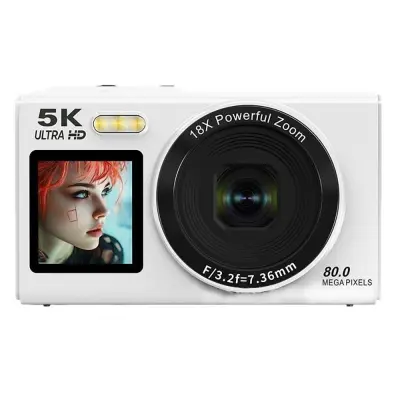 5K 80MP Dual Screen Selfie Digital Camera for Students with 18x Zoom & WiFi Bijela