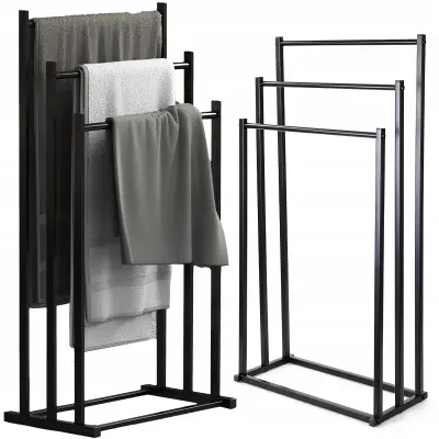 Samostojeći metalni stalak i držač za 3 kupaonske ručnika, crni mat, 84 cm
