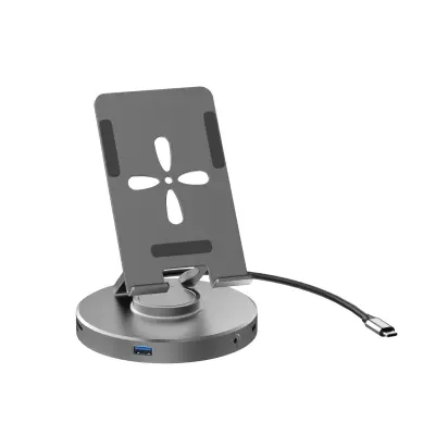 10-u-1 USB-C Hub sa rotirajućim stalkom za telefon od 360° - Docking Station od aluminijske legure Srebrna