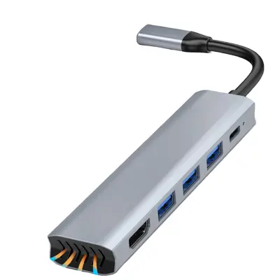 5-u-1 Type-C na HDMI 4K Hub Adapter, kompatibilan s Macbook/Huawei, USB 3.0, PD 100W punjenje Siva