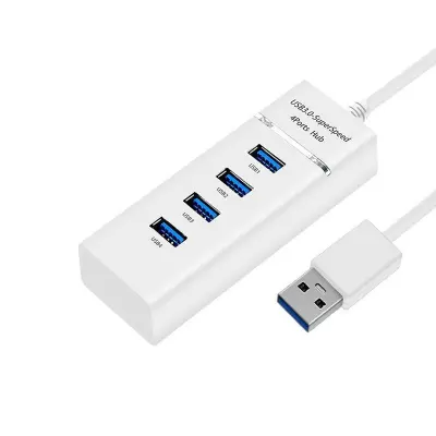 USB 3.0 Hub s LED indikatorom i prekidačem za napajanje, 4-portni brzi 5Gbps čvorište za podatke Bijela