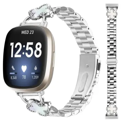 Elegantna srebrna narukvica za sat od nehrđajućeg čelika s motivom djeteline, kompatibilna s Fitbit Versa 3/4/Sense 2 Srebrna