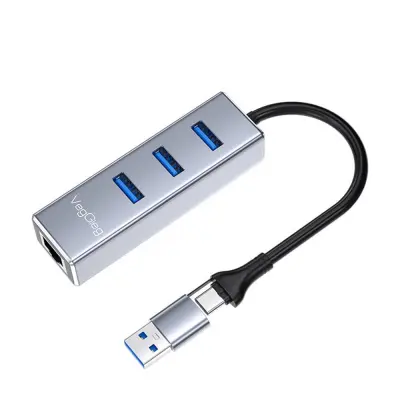 USB/Type-C na Gigabit Ethernet adapter - 2-u-1 RJ45 mrežni konektor Siva