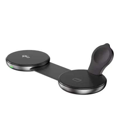 Super Mini 3-u-1 okrugli bežični punjač QI2.0 - brzo punjenje za telefon, sat i slušalice Crna