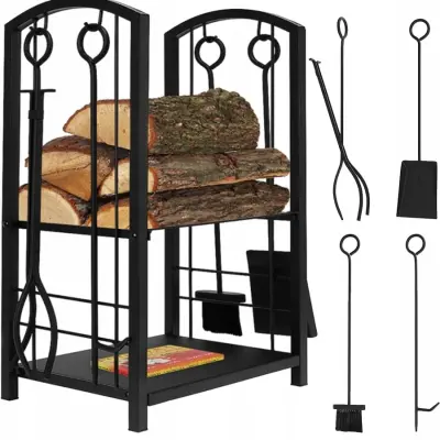 Metalni stalak za ogrjev s priborom crni 73 cm