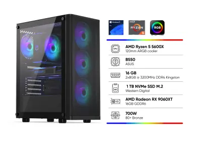 Stolno računalo BOFX GG AMD Ryzen 5 5600X, 16 GB RAM, 1 TB SSD, AMD Radeon RX 9060XT 16GB, 700W, W11P