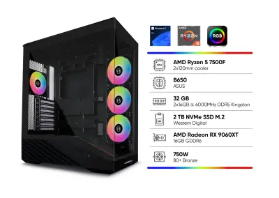 Stolno računalo BOFX GG AMD Ryzen 5 7500F, 32 GB RAM, 2 TB SSD, AMD Radeon RX 9060XT 16GB, 750W, W11P