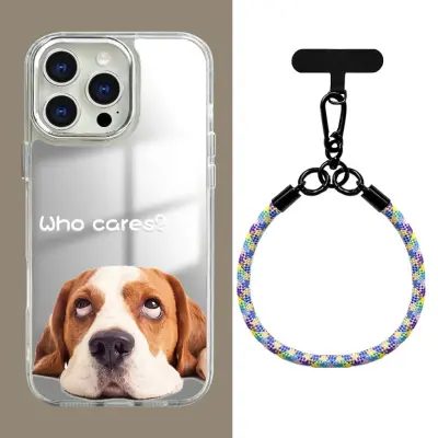 3-u-1 futrola za telefon sa zrcalom - Dizajn psa 'Who Cares' + remen za zapešće od 7 mm kompatibilan s iPhone 15 Pro Max (6,7") Crna