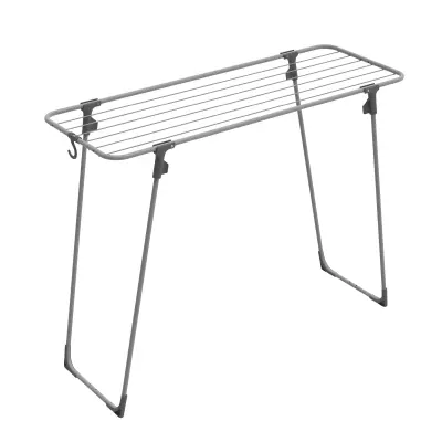 Stalak za sušenje Nano Rörets, 43×110×85 cm, kompaktan s kukom, s nogama koje se mogu blokirati i 9 m sušenja.