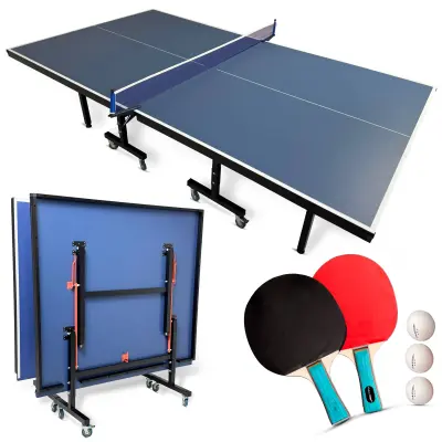 Sklopivi stol za stolni tenis THUNDER® VITAL-18-BLUE – MDF ploča 18 mm, set s mrežom, reketima i lopticama