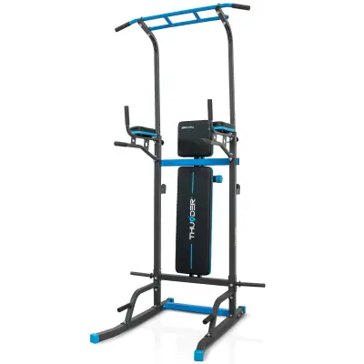 Trenažni toranj s klupom THUNDER® WINGS – šipka za zgibove 100 cm, podesiva visina 178–213 cm, nosivost 150 kg