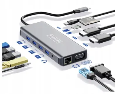 12-u-1 USB-C hub adapter s 2x HDMI, VGA, USB 3.0, Gigabit Ethernet, BYL-2006RJ-45, mini jack, SD i LAN priključcima – Zenwire