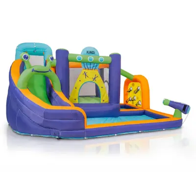 Napuhani dječji park KiNDi DPZ006 – 370 × 310 × 210 cm, vodeni tobogan, ventilator 450 W, za 4 djece