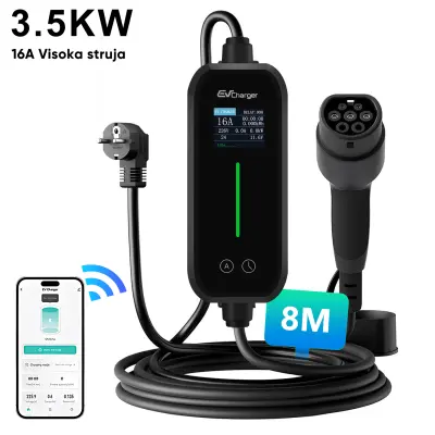 Prijenosni punjač za električna vozila, tip 2, s kabelom duljine 8 m i Schuko utikačem. Jednofazni, maksimalne snage 3,5 kW. Podesiva jakost struje (6