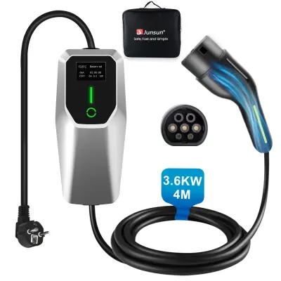 Prijenosni punjač za električna vozila, tip 2, s kabelom duljine 4 m i Schuko utikačem. Jednofazni, snage 3,6 kW, s podesivom jakošću struje (6/8/10/1