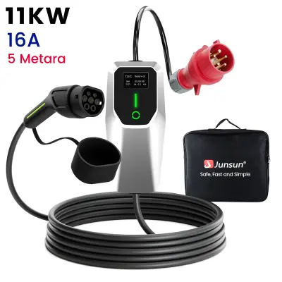 Tip 2 kabel za punjenje električnih vozila – trofazni 11 kW, podesiva struja, prijenosni punjač 5 m sa Schuko utikačem i torbicom (6/8/10/13/16 A)
