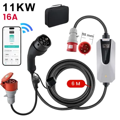 Prijenosni punjač za električna vozila, tip 2, snage 11 kW. Podesiva jakost struje (6–16 A), kabel duljine 6 m, Schuko utikač, LCD zaslon, IP67 zaštit