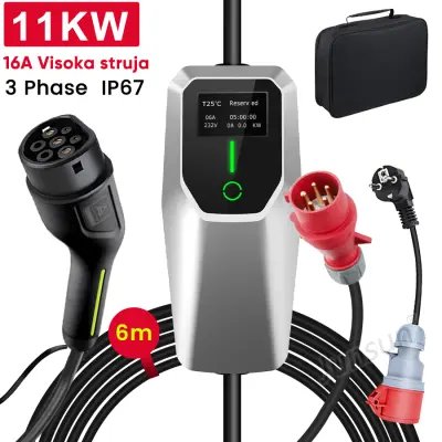Europski tip 2 kabel za punjenje električnih vozila – trofazni punjač za električna vozila i PHEV, prijenosna zidna kutija za punjenje, 11 kW, 16 A, 6