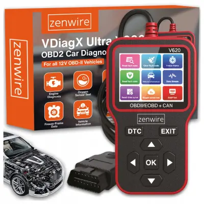 OBD2 dijagnostički skener s 2,8" IPS LCD zaslonom, čitanje/brisanje DTC, Live Data, VIN, EOBD/CAN – Zenwire VDiagX V620