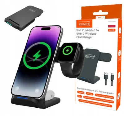 Zenwire A11B 3-u-1 bežični induktivni punjač (USB-C) za iPhone, Samsung i Apple Watch (Qi 15W)