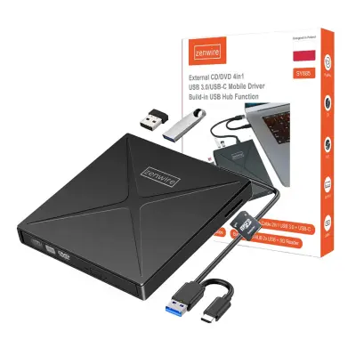 Zenwire 4-u-1 prijenosni vanjski DVD-CD RW pogon s USB-C i USB 3.0 HUB-om te čitačem SD kartica – model SY885
