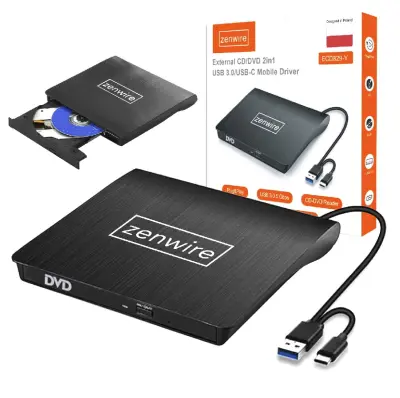 Zenwire ECD829-Y vanjski prijenosni 2-u-1 DVD/CD pogon s USB 3.0 i USB-C – uređaj za snimanje i reprodukciju CD-a/DVD-a za prijenosna računala i račun