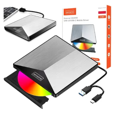 Vanjski prijenosni DVD/CD/RW player i snimač – 2-u-1 USB 3.0 i USB-C 3.1 za prijenosna računala i računala – aluminijsko kućište – Zenwire SY881