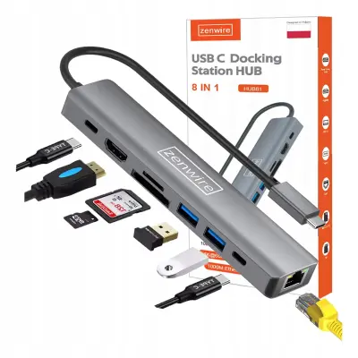 Zenwire HUB81 8-u-1 USB-C hub adapter: HDMI 2.0 4K 60 Hz, Gigabit Ethernet 1000 Mbps za MacBook Pro i Air (M1, M2, M3, M4)