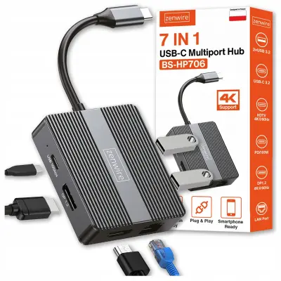 Zenwire BS-HP706 7-u-1 USB-C hub: USB 3.0, HDMI 4K 60 Hz, DisplayPort, Gigabit RJ-45 1000M