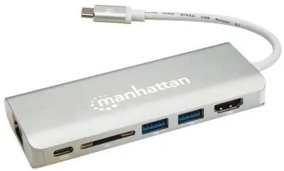 Adapter MANHATTAN 152075, Multiport, 3.2 USB-C na HDMI 4K, 2xUSB-A 3.0, USB-C, RJ45, SDCR