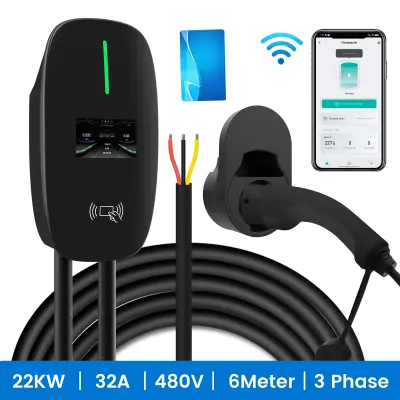 JUNSUN zidna trofazna stanica za punjenje 22 kW 32A - Tip 2 IEC62196-2, kabel 6 m, upravljanje putem aplikacije, punjač za električna vozila (Wallbo