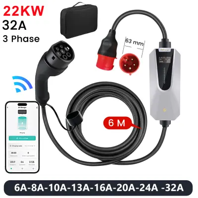 JUNSUN Pametni Punjač za EV Tip 2 (22kW, 32A) Trofazni - 6m Kabel, CEE utikač, IP65