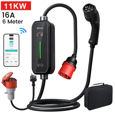 JUNSUN Trofazni Punjač za EV Tip 2 (11kW, 16A) - 6m Kabel, CEE utikač, LCD zaslon, WIFI, IP65