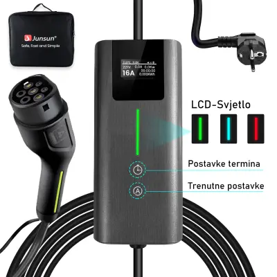 JUNSUN Prijenosni Punjač za EV Tip 2 (3.68kW, 6A-8A-10A-13A-16A) - 5m Kabel, Schuko Utikač, LCD zaslonom, IP67