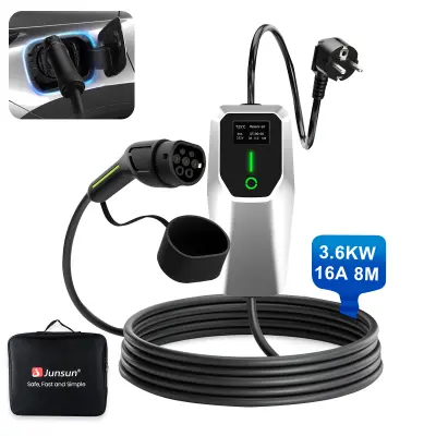 JUNSUN Prijenosni Punjač za EV Tip 2 (3.68kW, 16A) - 8m Kabel, Schuko Utikač, LCD zaslonom, IP67
