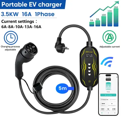 Pametni Prijenosni EV Punjač 3.5kW Tip 2 (Jednofazni) – Kabel 5m, Schuko, App kontrola & LCD, 6-16A