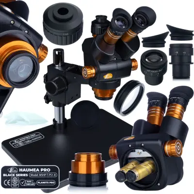 Haumea Pro Black Series MSHP-T-PS1-B Trinokularni Mikroskop – 6,5X–58X, Glava 360°, Postolja 38X26 Cm, WF 10X/23