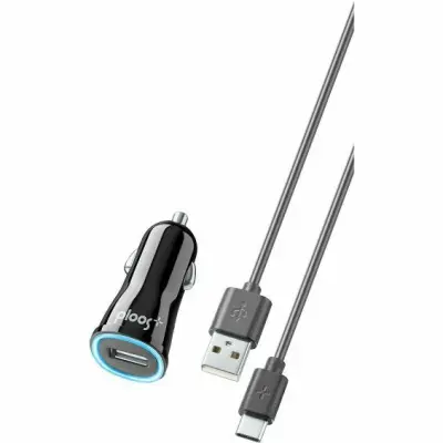 Auto Punjač PLOOS, 2A, 1xUSB-A, USB-C Kabel 100cm, Crni