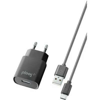 Kućni Punjač PLOOS, 2A, 1xUSB-A, Kabel USB-C 100cm, Crni