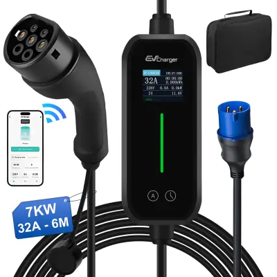 Punjač za električna vozila 7 kW 32A jednofazni tip 2 – Kabel 6 m s CEE 7/7 utičnicom, adapterom, certifikati IEC62196 i IP65