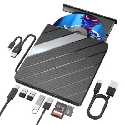 Vanjski DVD/CD optički pogon s USB 3.0 čvorištem, SD/TF čitačem i 4 USB priključka, kompatibilan Windows/Mac/Linux | LAPDISC