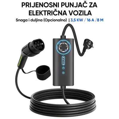Prijenosni kabel za punjenje električnih vozila Tip 2 – 1-fazni 3,5 kW, podesiva struja (6/8/10/13/16 A), 8M sa Schuko
