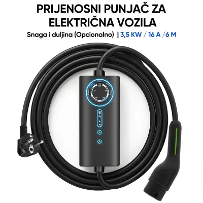 Prijenosni kabel za punjenje električnih vozila Tip 2 – 1-fazni 3,5 kW, podesiva struja (6/8/10/13/16 A), 6M sa Schuko