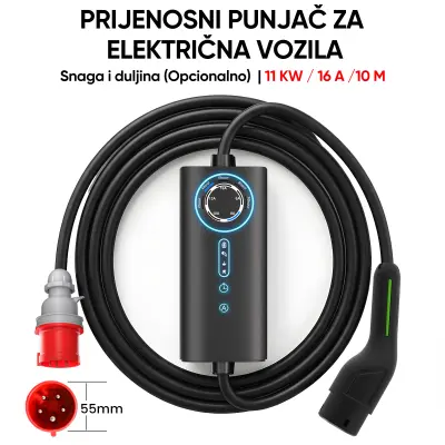 Prijenosni kabel za punjenje električnih vozila Tip 2 – 3-fazni 11 kW, 16 A, podesiva struja (6/8/10/13/16 A), 10M sa Schuko