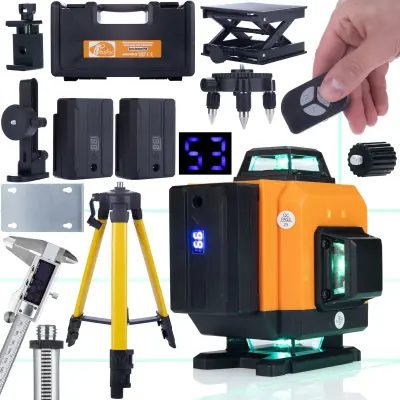 Set ROT16L Laserska Libela 16 Linija, Stativ 43-120Cm, Elektronski Klizni Mjerac U Koferu | Zelena Svjetlost 532Nm, IP54, 5H, 360°