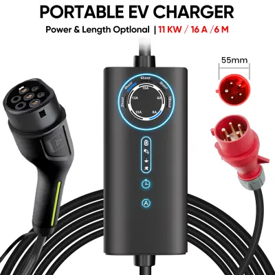 Prijenosni punjač za električne automobile Tip 2 11 kW trifazni – podesiva struja 6–16 A, kabel 6 m, CEE utikač, IP67